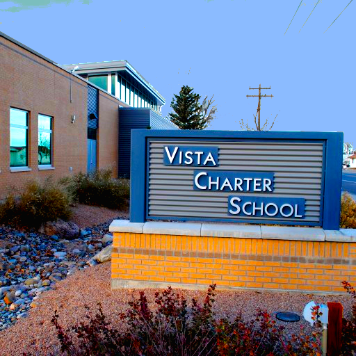 Vista Charter School sign in the evening